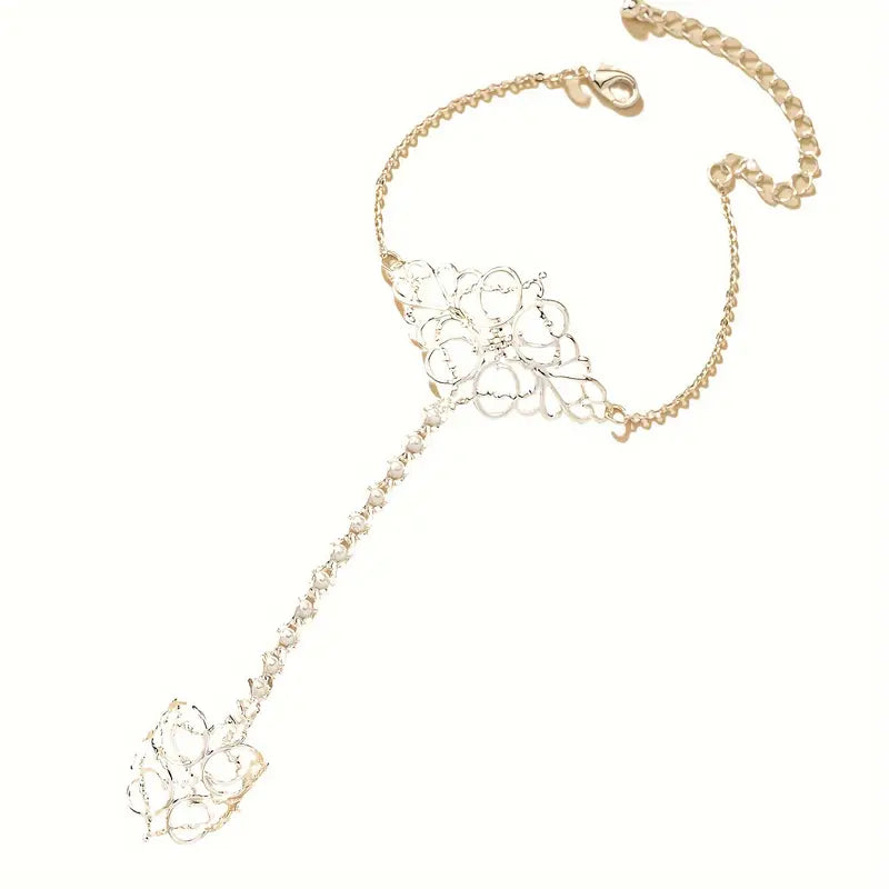 Silver Plated Hollow Flower Finger Chain Ring