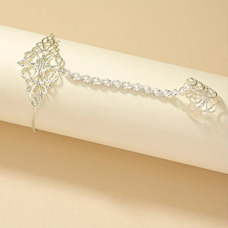 Silver Plated Hollow Flower Finger Chain Ring