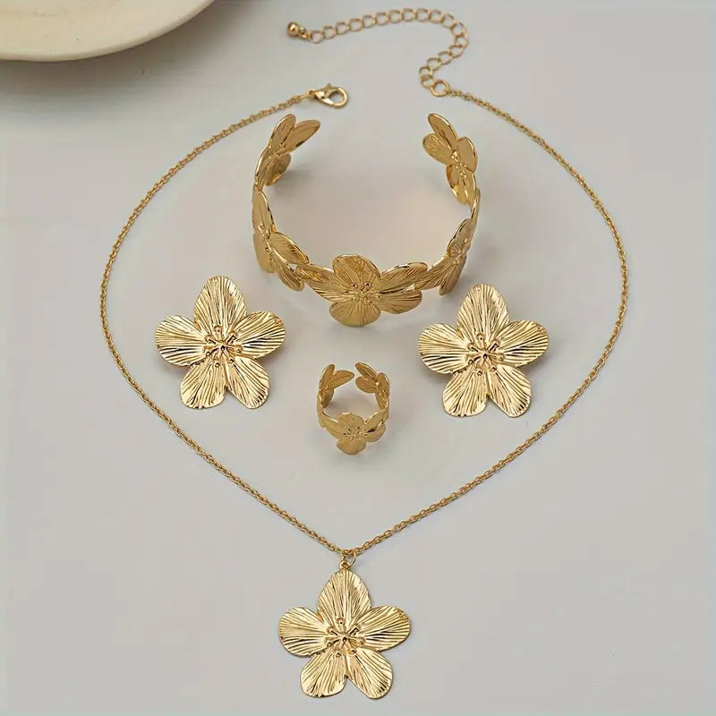 Floral Jewelry Set with Earrings, Ring and Bracelet for Women
