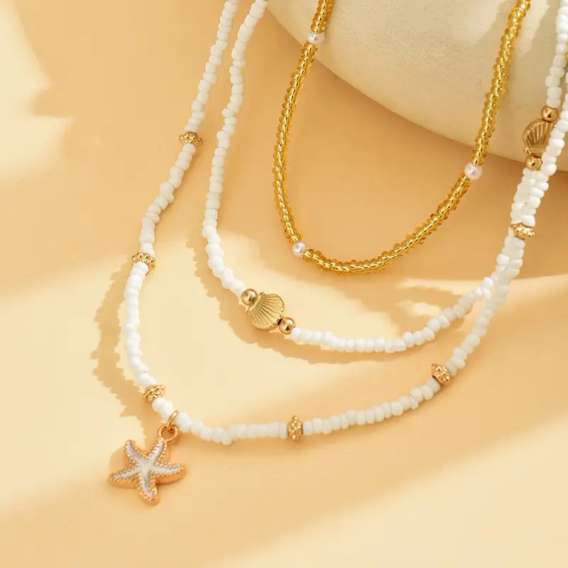Beach Layered Necklace Set with Shell, Starfish and Pearl Beads