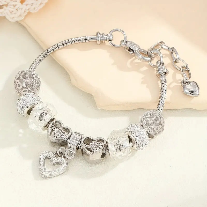 Heart Charm Snake Chain Bracelet Set with Rhinestones