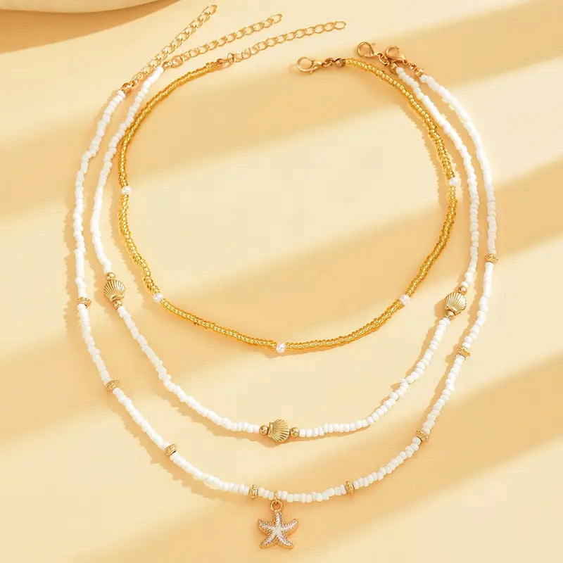 Beach Layered Necklace Set with Shell, Starfish and Pearl Beads