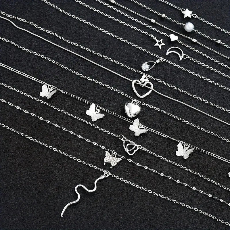 6-Piece Pendant Necklace Set – Heart, Star, Moon, Snake, Butterfly and Water Drop