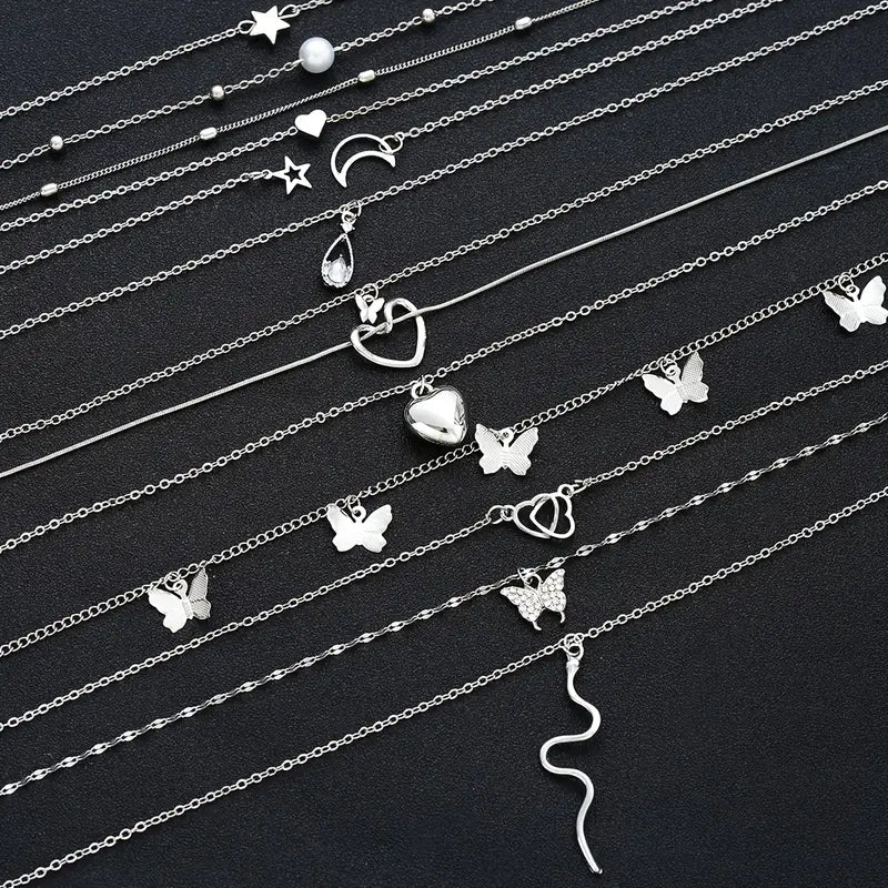 6-Piece Pendant Necklace Set – Heart, Star, Moon, Snake, Butterfly and Water Drop