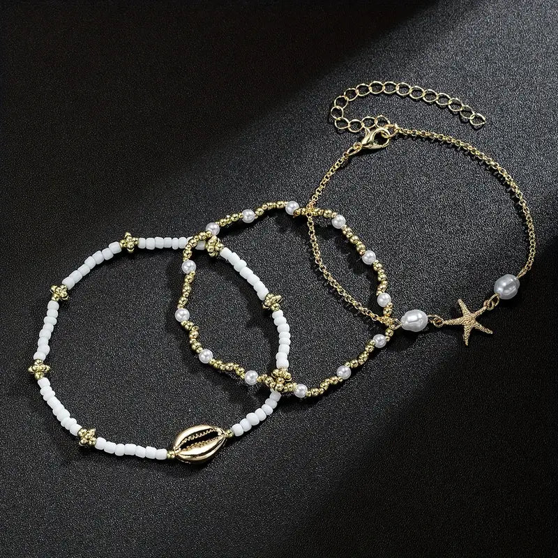 3-Piece Starfish and Shell Charm Anklet Set for Women
