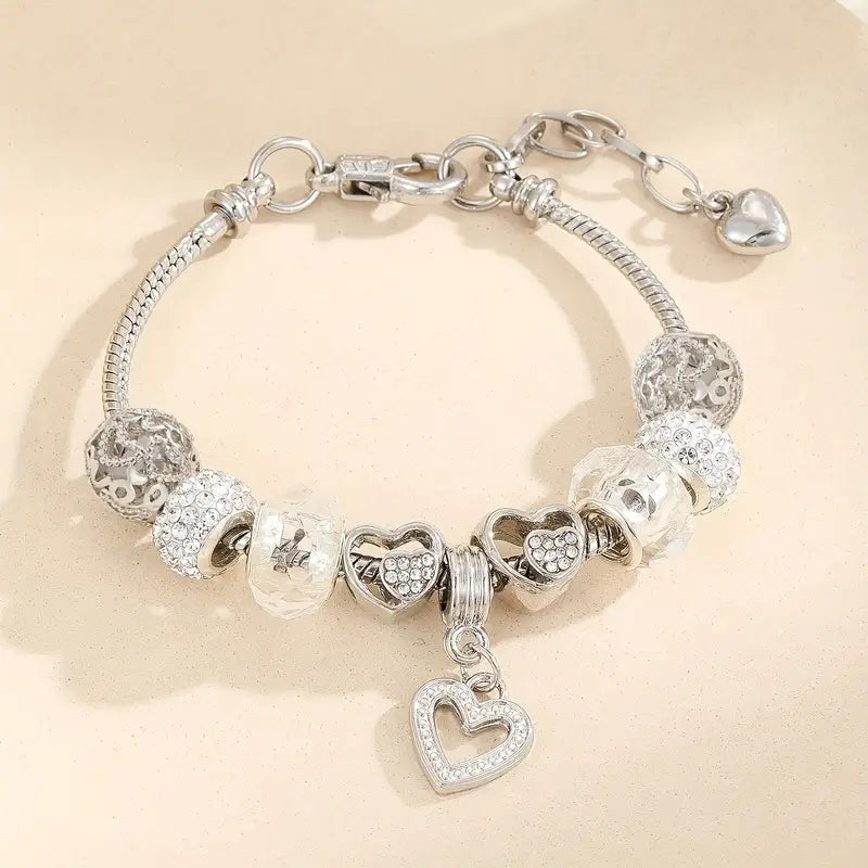 Heart Charm Snake Chain Bracelet Set with Rhinestones
