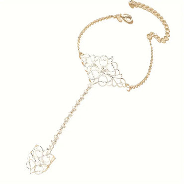 Silver Plated Hollow Flower Finger Chain Ring
