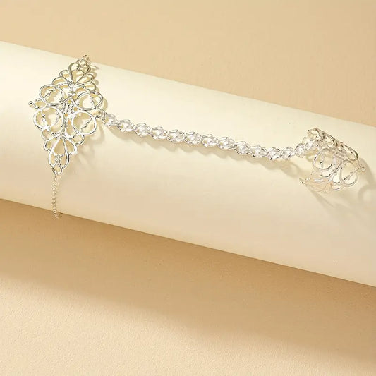 Silver Plated Hollow Flower Finger Chain Ring