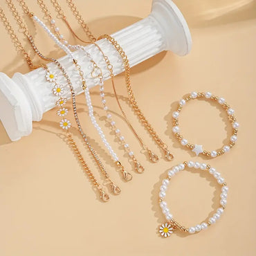 Daisy Charm Bracelet Set with Star and Heart Accents for Women