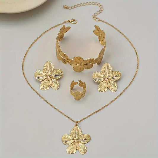 Floral Jewelry Set with Earrings, Ring and Bracelet for Women