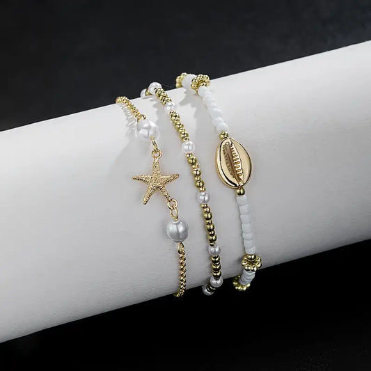 3-Piece Starfish and Shell Charm Anklet Set for Women