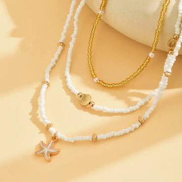 Beach Layered Necklace Set with Shell, Starfish and Pearl Beads