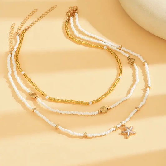 Beach Layered Necklace Set with Shell, Starfish and Pearl Beads