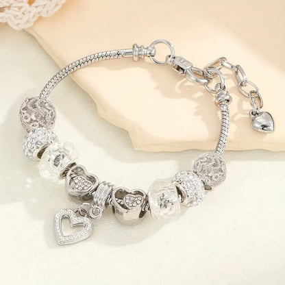 Heart Charm Snake Chain Bracelet Set with Rhinestones
