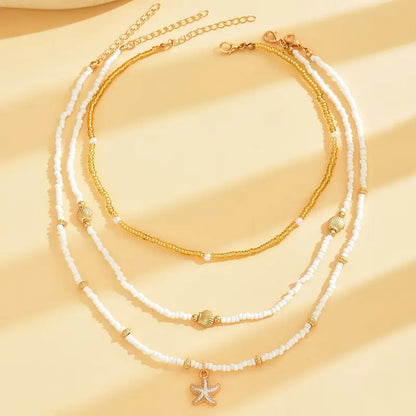 Beach Layered Necklace Set with Shell, Starfish and Pearl Beads
