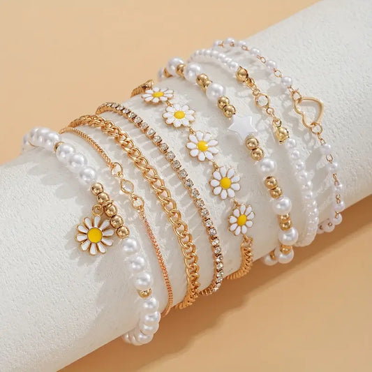 Daisy Charm Bracelet Set with Star and Heart Accents for Women