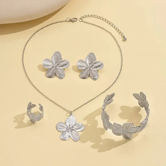 Elegant Floral Jewelry Set with Earrings, Ring and Bracelet