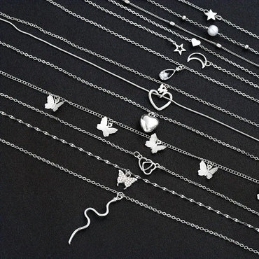 6-Piece Pendant Necklace Set – Heart, Star, Moon, Snake, Butterfly and Water Drop