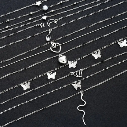 6-Piece Pendant Necklace Set – Heart, Star, Moon, Snake, Butterfly and Water Drop