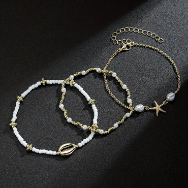 3-Piece Starfish and Shell Charm Anklet Set for Women