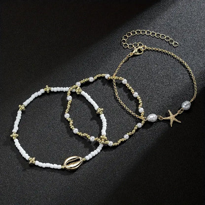 3-Piece Starfish and Shell Charm Anklet Set for Women
