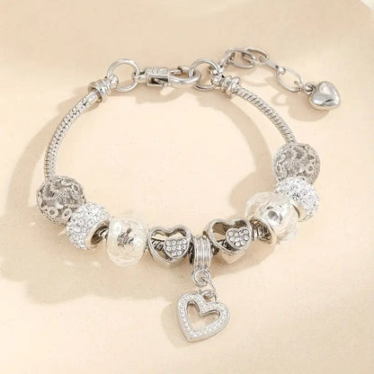 Heart Charm Snake Chain Bracelet Set with Rhinestones