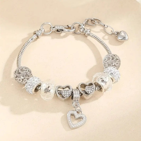 Heart Charm Snake Chain Bracelet Set with Rhinestones